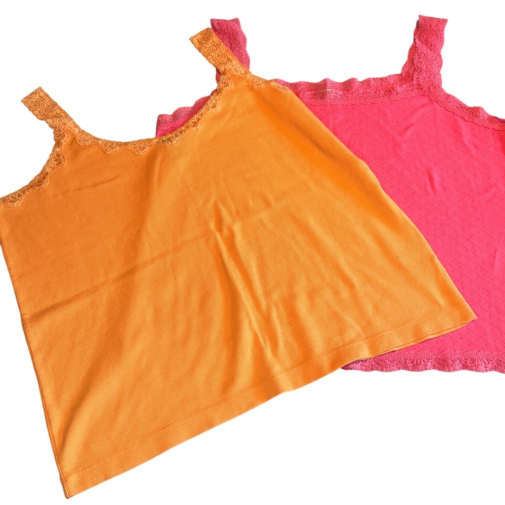 Sigrid Olsen Lot of Two Women 2X Camisole Orange Ribbed Pink Lace Trim